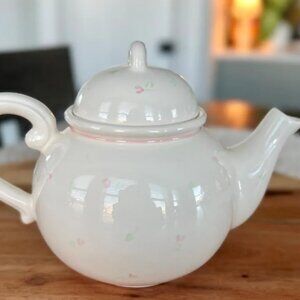 VINTAGE Porcelain Lidded & Handled Teapod White With Pink Floral Motifs